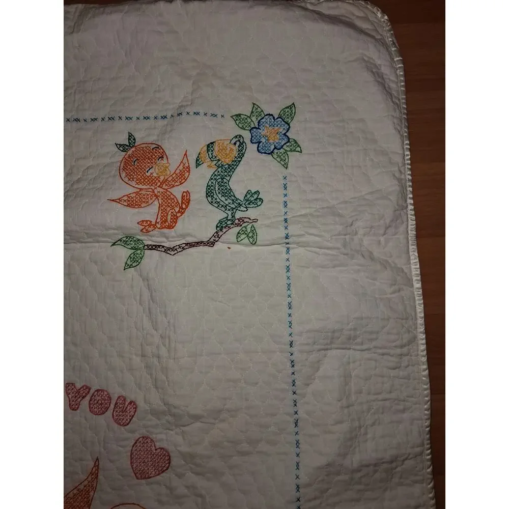 Vintage Disney Quilt Hand Embroidered Orange Bird Nursey Baby Quilt